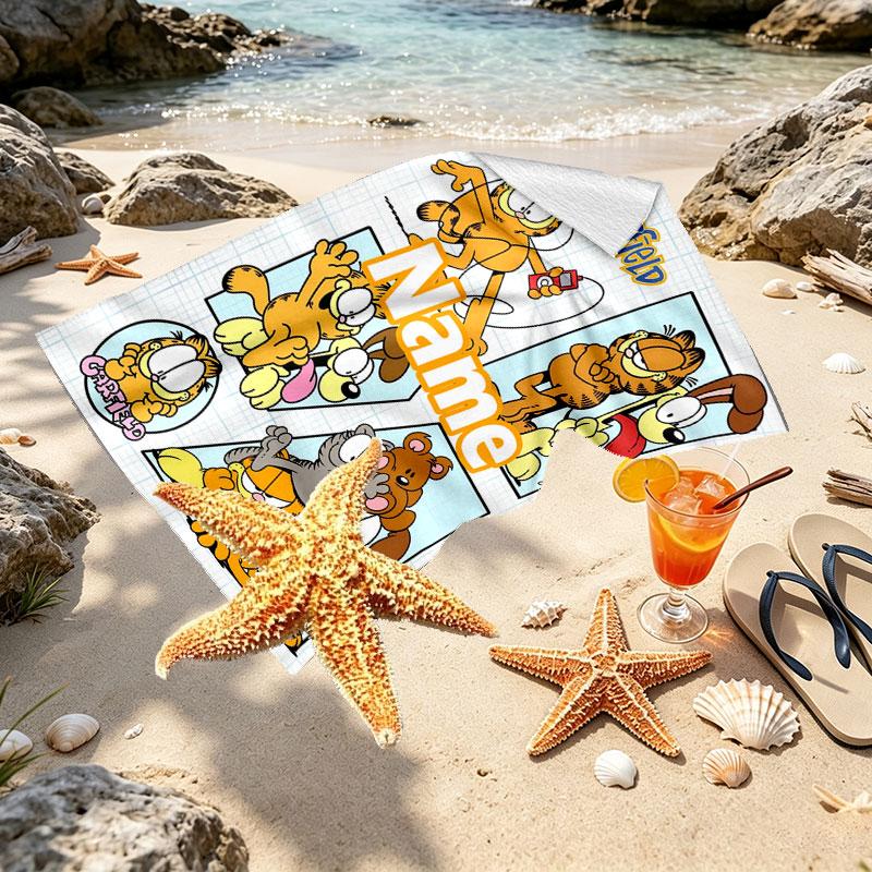 Custom Name Personalized Garfield Print Beach Towel, for Trip Camping Beach Party Home Decor, Birthday Gift for Family & Friends