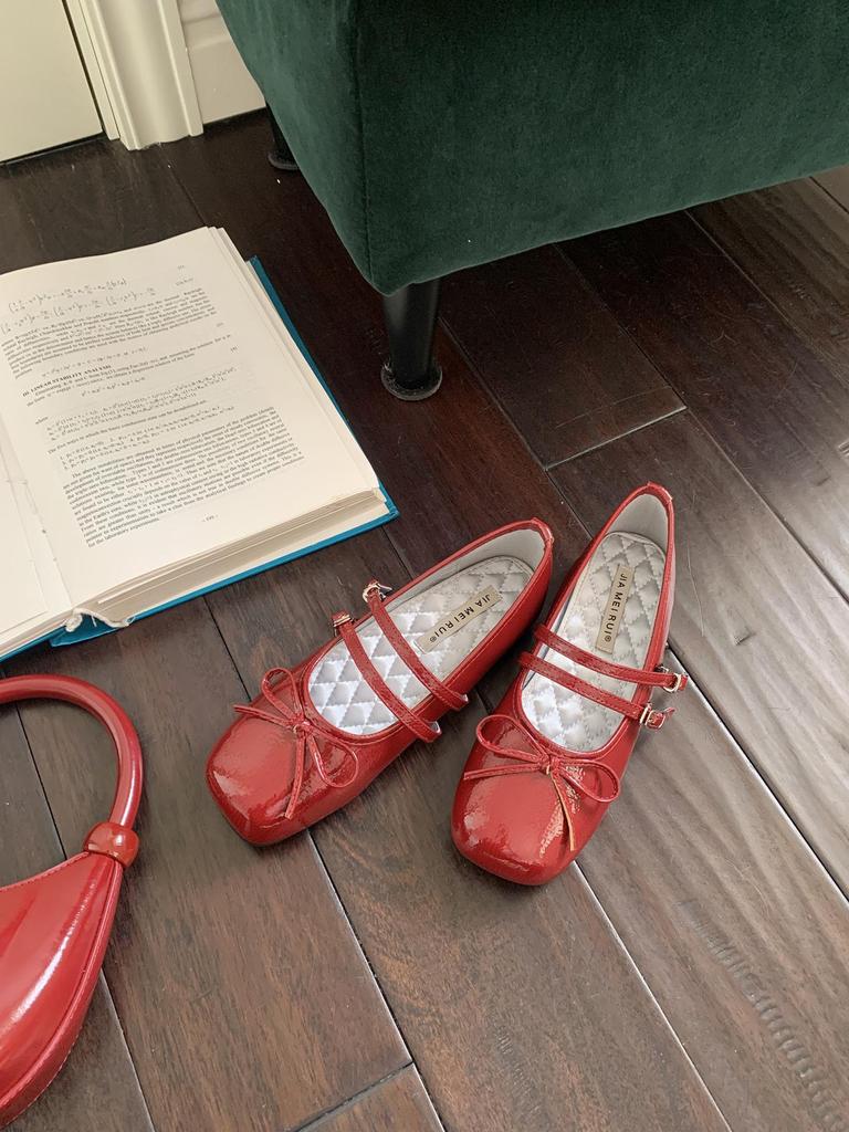 In Stock Rockfish Patent Leather Mary Jane Ballet Flats with Double Strap Bow - Women's Round Toe Low-Cut Shoes