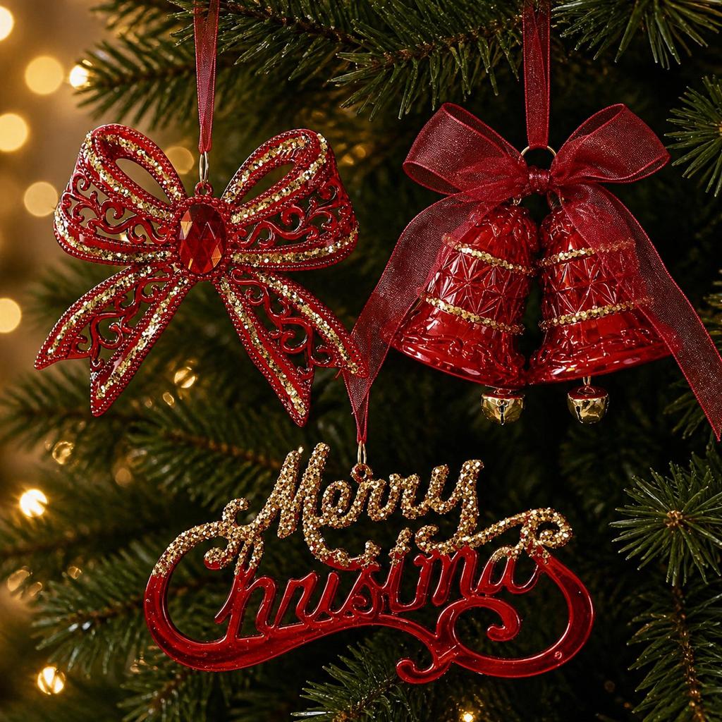 Wine Red Semi-Transparent Christmas Wreath Bow Bell Ornament