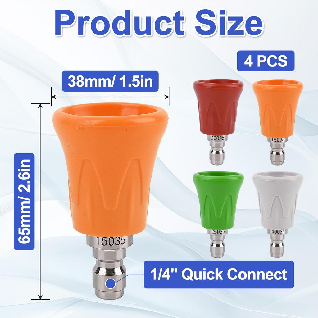 Pressure Washer Nozzle Guard, Stainless Steel High Power Washer Nozzle Tips Set , 4Pcs Pressure Washing Nozzle with 1/4" Quick Connect, #035