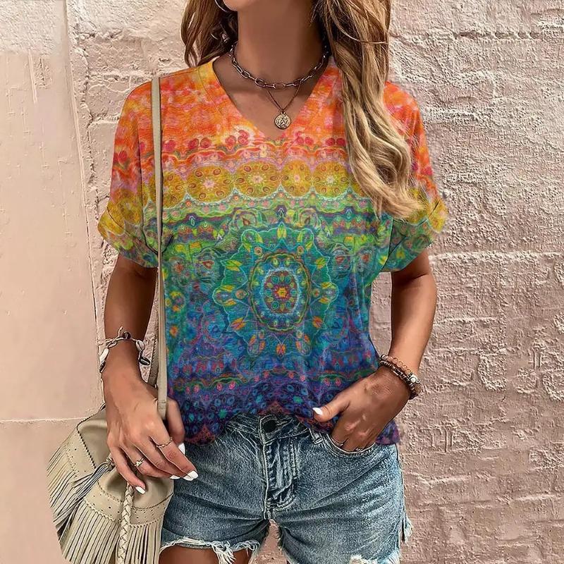 Tricou Boho Harajuku pentru damă, cu imprimeu grafic, cu mâneci scurte de vară, Topuri casual, la modă de stradă, tricou cu decolteu în V, îmbrăcăminte pentru femei, tricouri pentru femei
