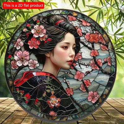 2d Flat 20*20cm, Round Wooden Sign, Wreath Decorative Sign, Bedroom Decoration Gifts, Japanese Kimono Theme, for Bar, Club, Home Wall Decor.
