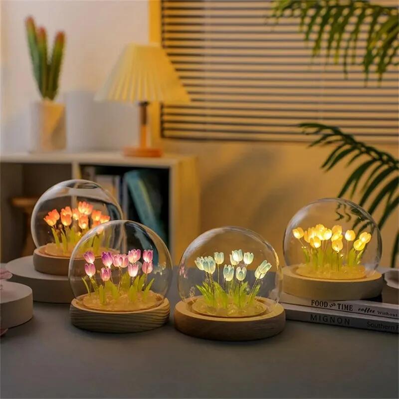 Night Light Artificial Tulip Flower Ornaments Handmade DIY Bedside LED Night Lamp Bedroom Desk Decor Birthday Gifts Table Lights