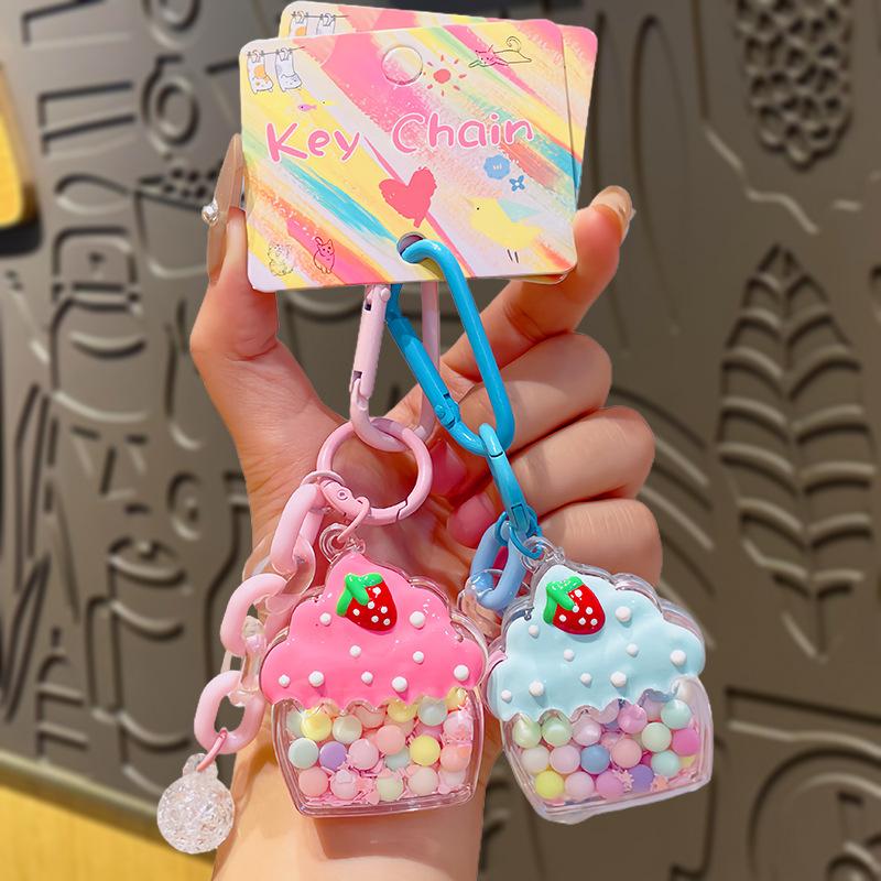 Cream Strawberry Ice Cream Pendant, Cute Flowing Sand Oil Keychain, Creative Small Accessory, Bag Pendant