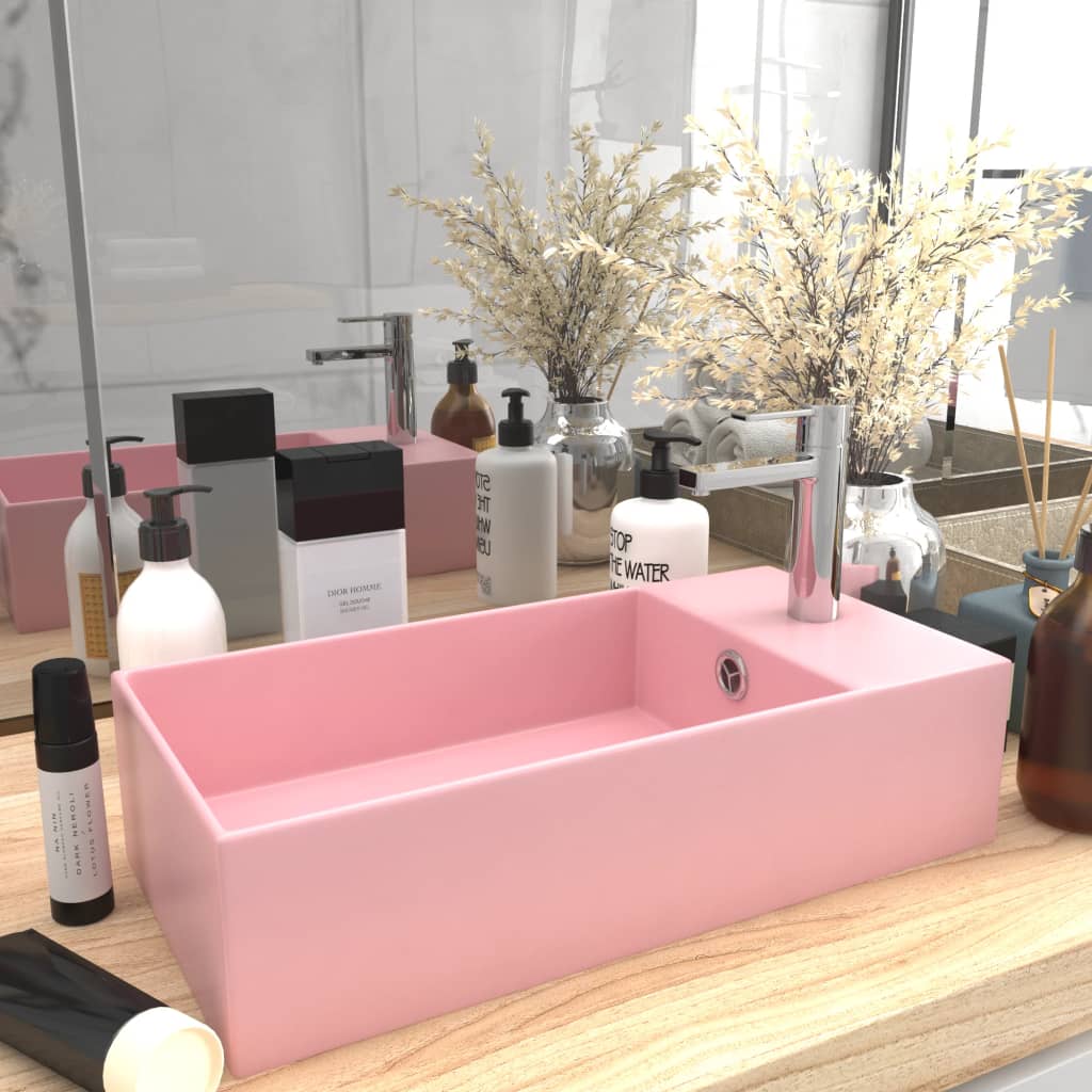 Bathroom Wash Basin with Overflow Matte Pink Ceramic