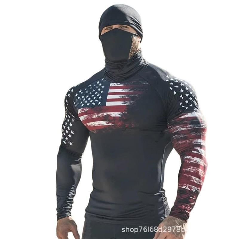 Mens Quick-Dry Hooded Rash Guard With Face Cover Print UV Protection Surfing Shirt Beach Fishing Outdoor Activities