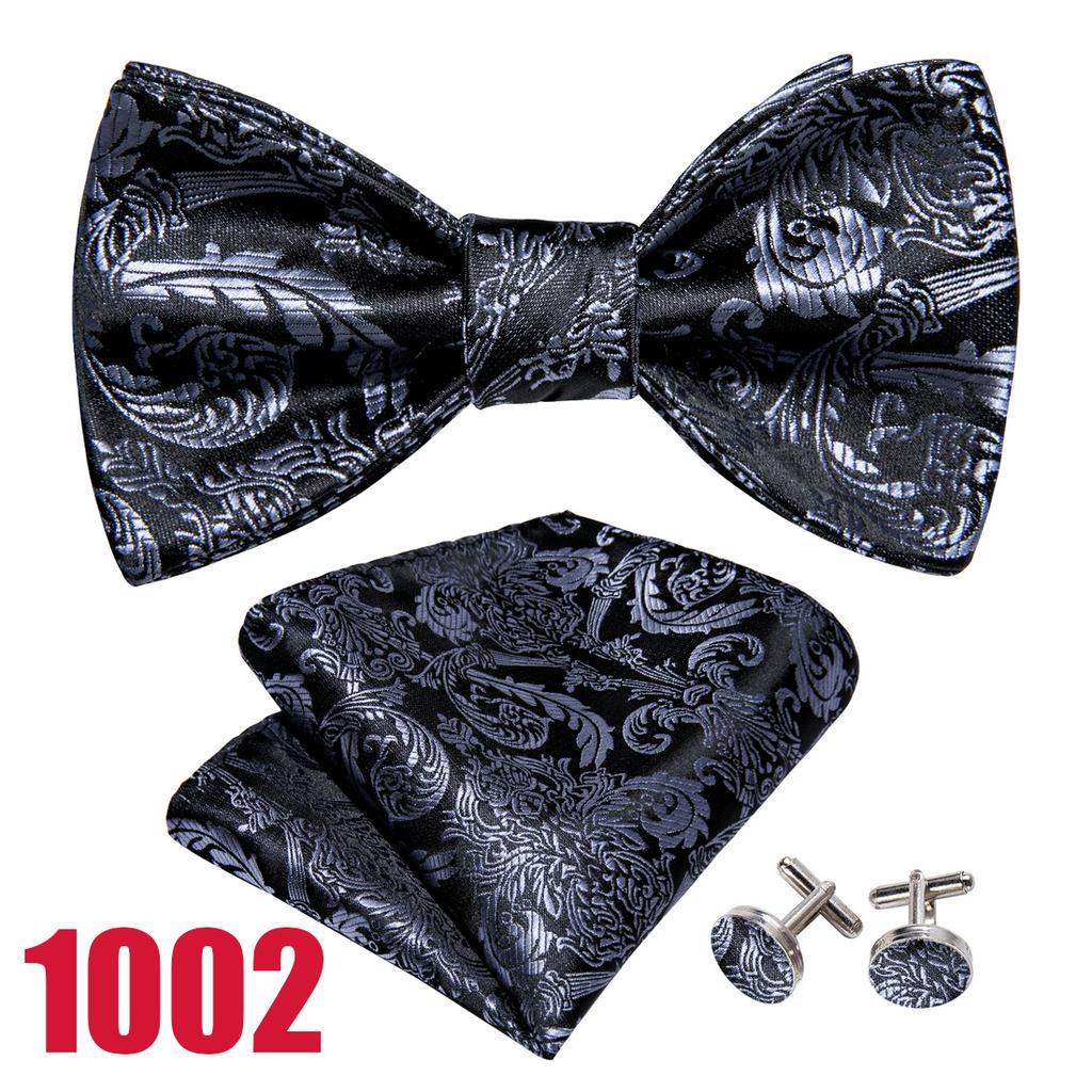 Barry.Wang Herren-Krawatten-Set aus gewebtem Satin, Jacquare-Seide, florales Fliege-Einstecktuch-Manschettenknopf-Set