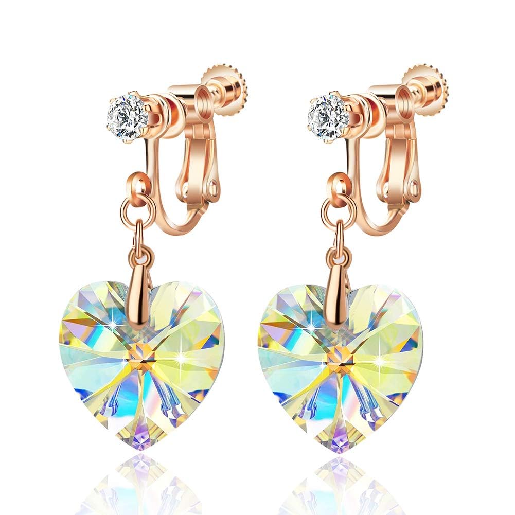 

CHLOEOS Earrings for Austrian 18k Day Gift Women, Popular, Non-Pierced Earrings, Heart, Delicate, Crystal, Gold, Adult, Cute, Swinging,