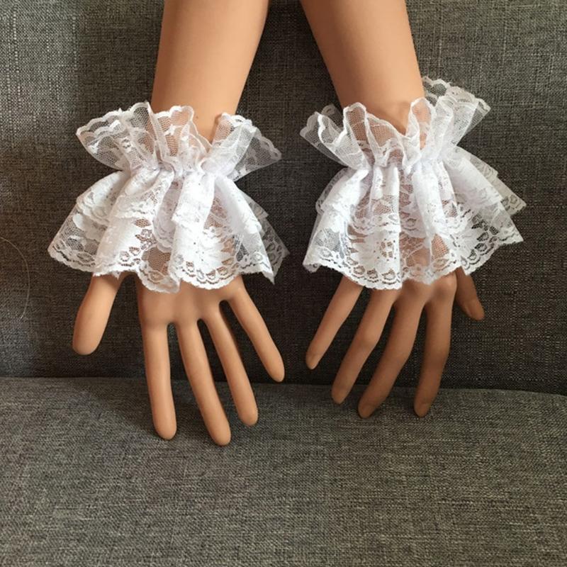 Floral Lace Layered Horn Cuffs Stretch Wrist Fake Sleeves Lolita Ruffled Cosplay Party Costume Accessory for Women Girls