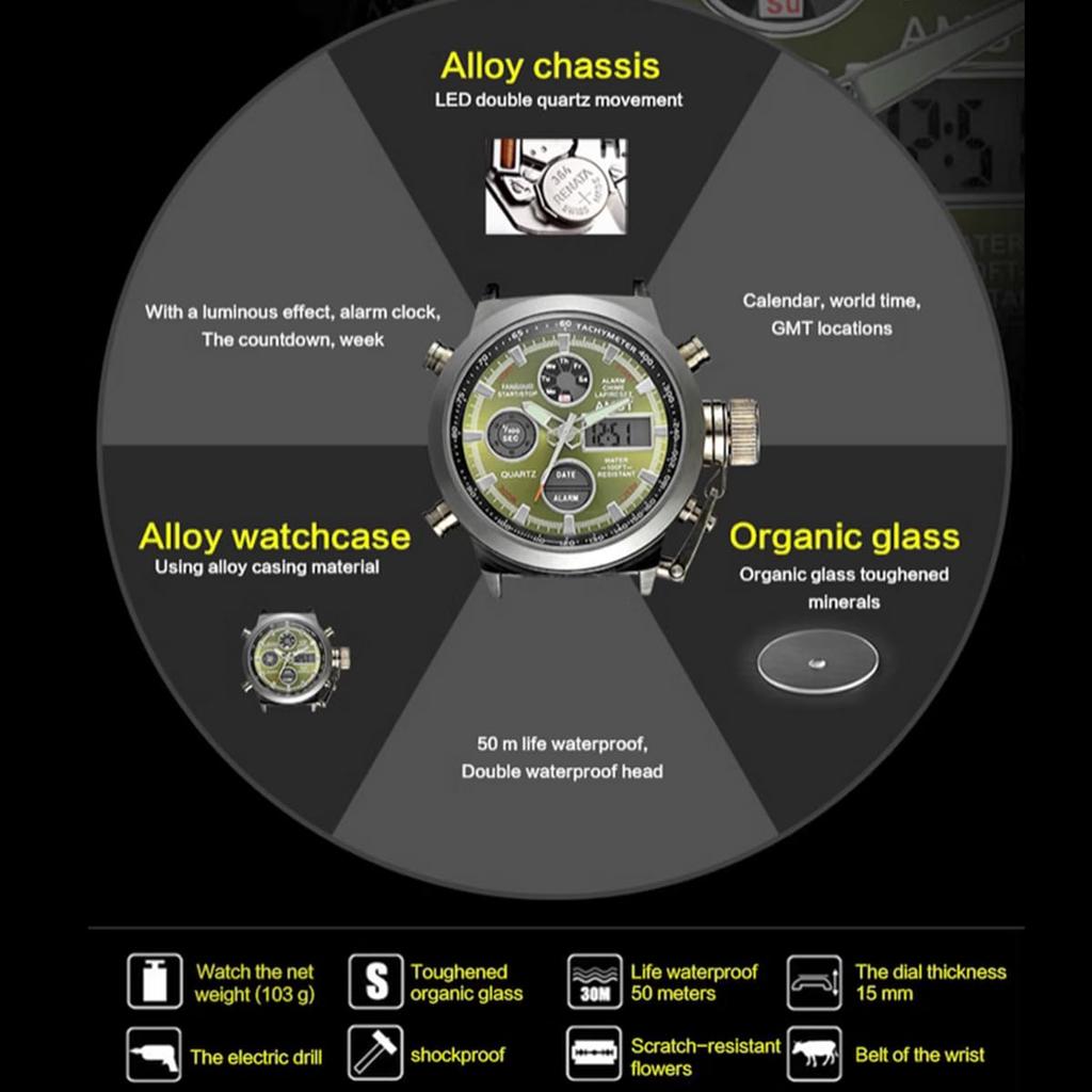 JewelryWe Analog Digital Japanese Kuotsu 3ATM Waterproof Men's Watch, Display, Display, Watch, Fashion, Unique, Multifunctional, Outdoor, Sports,