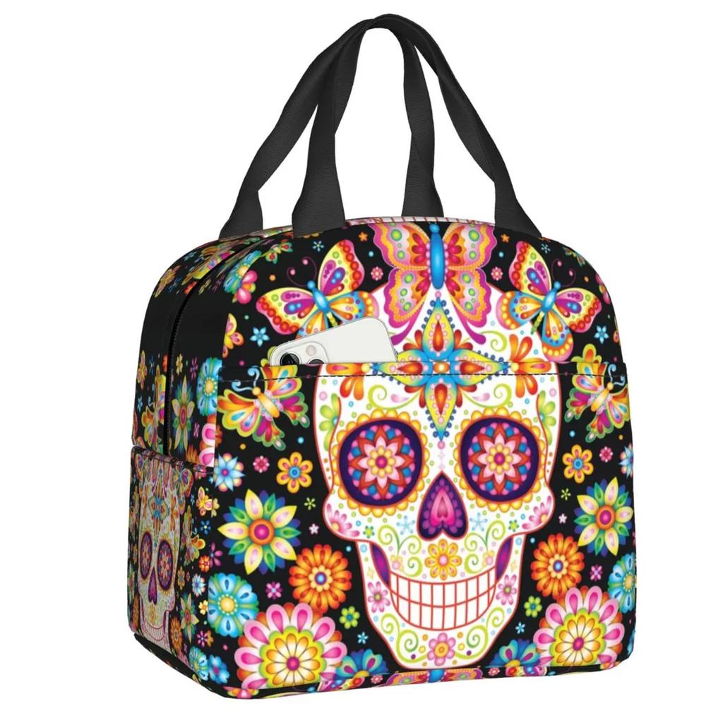 Mexican Sugar Skull Day Of The Dead Art Insulated Lunch Bags Women Resuable Thermal Cooler Food Lunch Box Outdoor Camping Travel