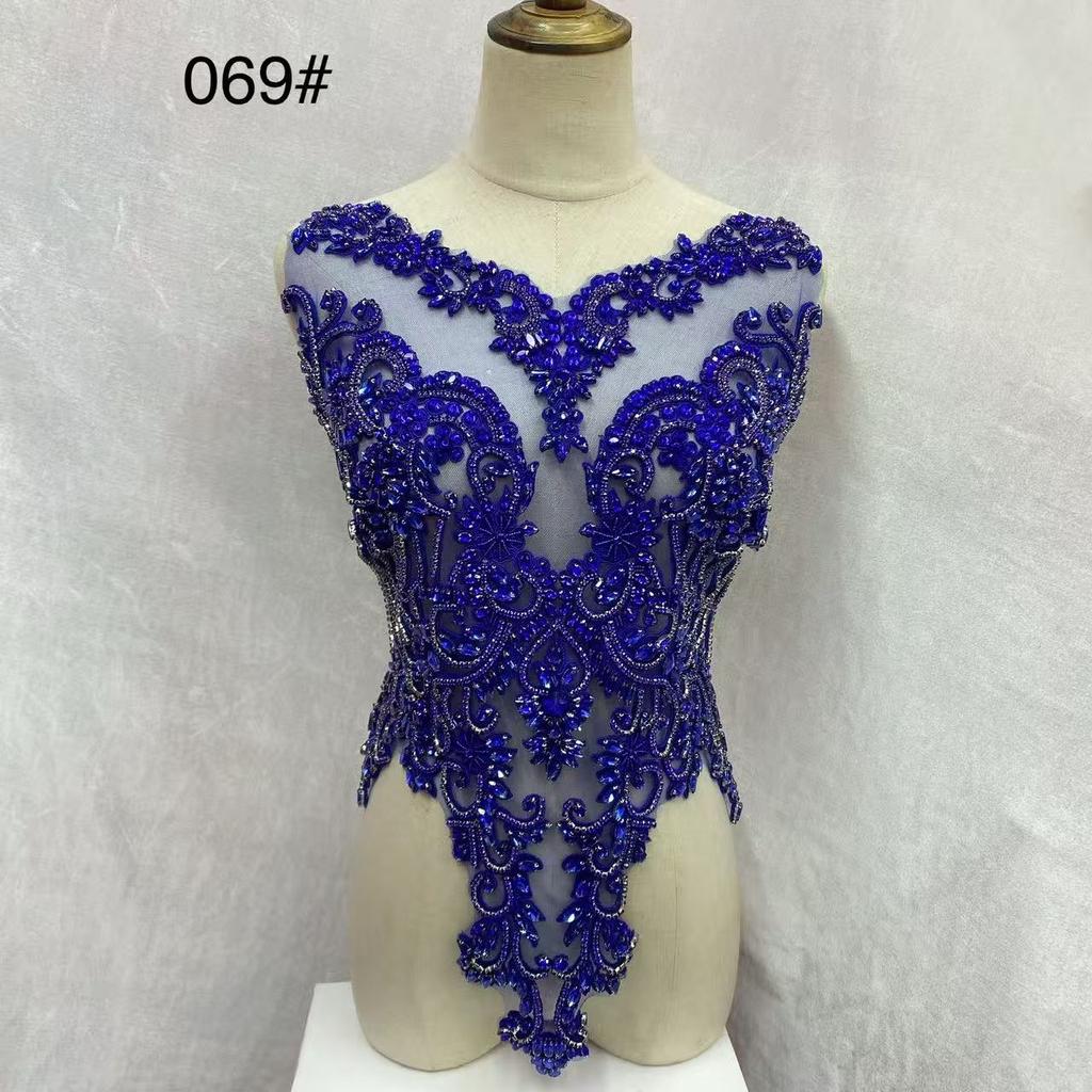 Rhinestone Tassel Dark Purple Beaded Lace Fabric with Motif Rhinestones Flower Shape Embroidery Trim for Wedding Dress