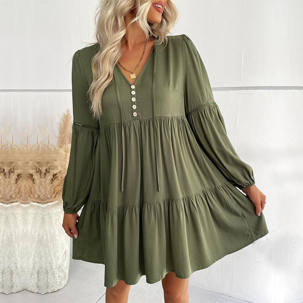 Women's Fashionable Solid Color Long Sleeved V-neck Pleated Casual Loose Dress