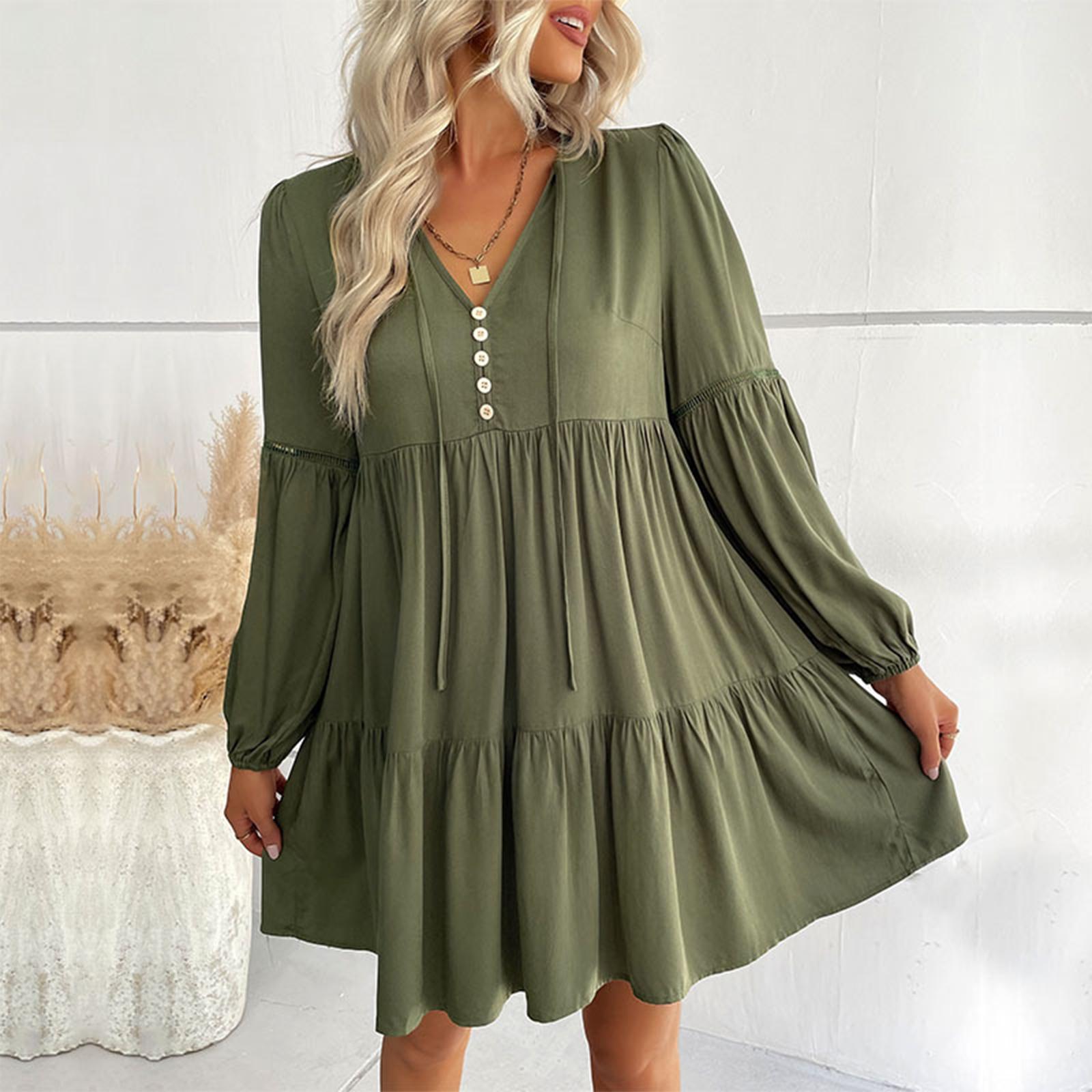 

Women s Fashionable Solid Color Long Sleeved V-neck Pleated Casual Loose Dress L