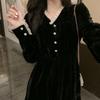 Vestito da donna alla moda primaverile con scollo a V, abito nero da fata, abito da festa nero, abito francese Hepburn
