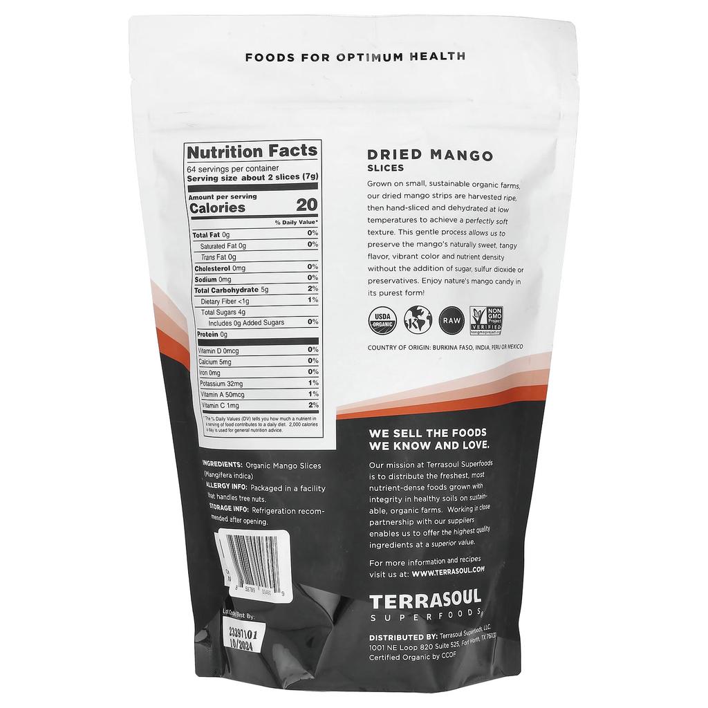Terrasoul Superfoods, Dried Mango, Sulfur-Free, 16 oz (454 g)