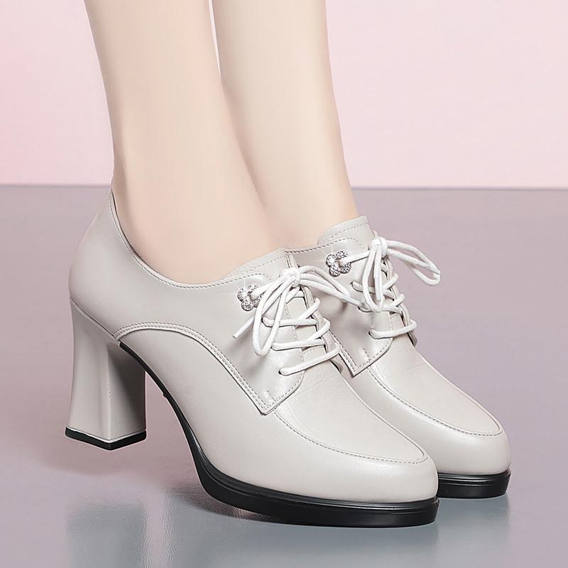 Spring Autumn Women's Pumps Fashion Deep Mouth Pumps Shoes Woman Genuine Leather Lace Up Single Shoes Mother High Heels Shoes