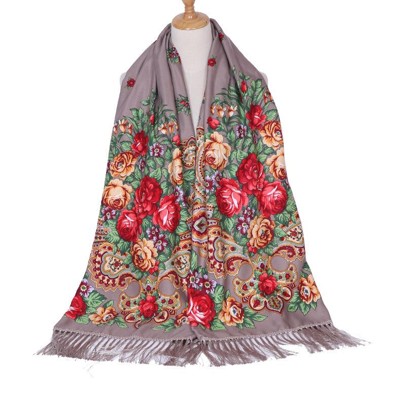 Scarf Women Flower Shawl Autumn And Winter Foulard Warmth Vintage Tassel Hijab Warp Printed Headscarf Bandana