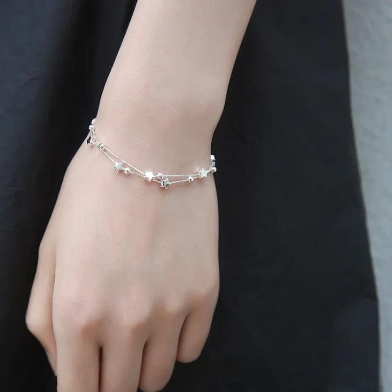 925 Sterling Silver Star Bracelets for Women Fashion Korean Five-pointed Double Layered Charm Bracelet Luxury Original Jewelry