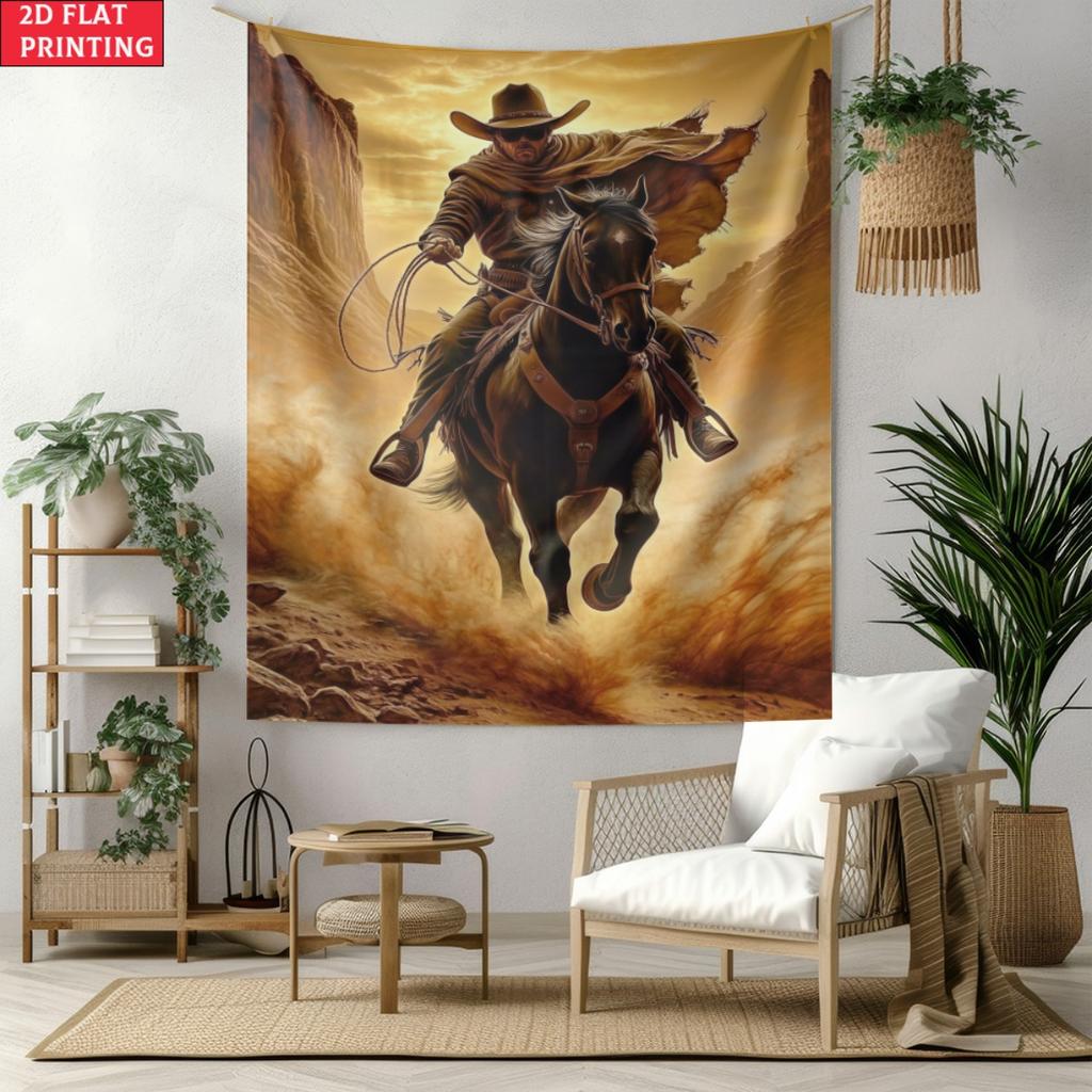 Cowboy Tapestry Western Art Wall Hanging Horse Rider Desert Scene Movie Poster Decor Ranch Style Home Decoration Adventure Theme