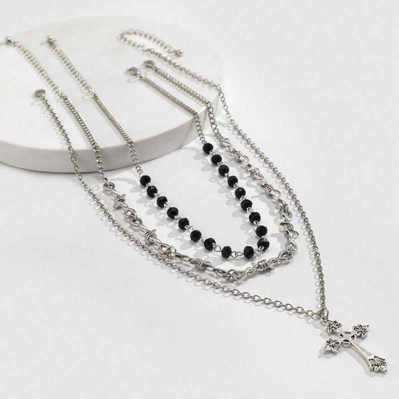 European and American Hip-hop Style Multi-layer Stacked Necklace Alloy Cross Pendant Design Sweet Cool Wind Niche Collarbone Chain