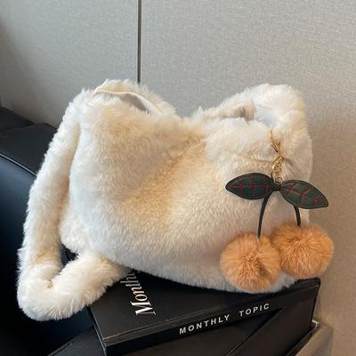 Cute Plush Cherry Bag Autumn and Winter New One-shoulder Tote Bag for Women High-end Furry Crossbody Bag