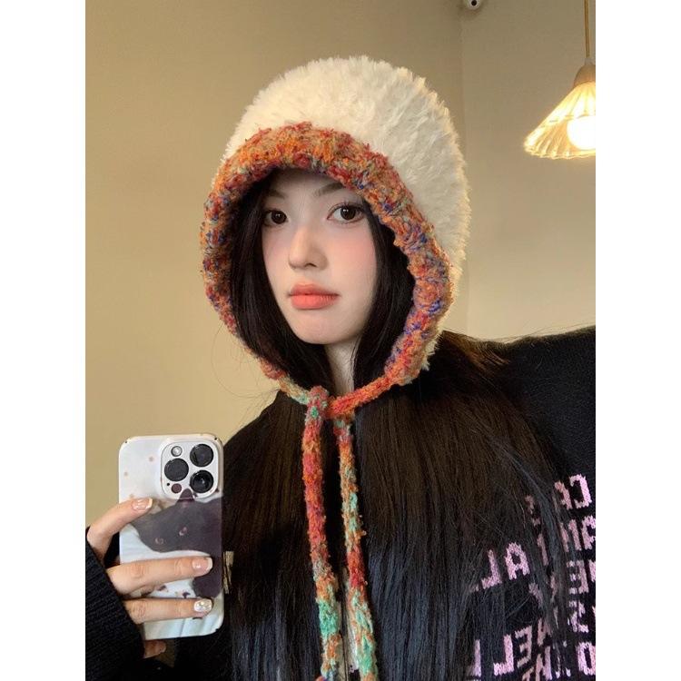 Plush Knitted Hat for Women In Autumn and Winter Handmade Big Head Surround Bag Hat Thickened Warm Furry Face-protecting Small Ear Protection Hat