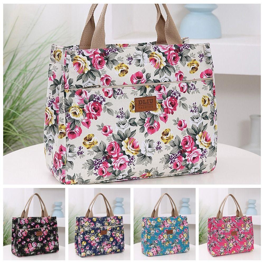 Zipper Floral Print Tote Bag Portable Mommy Bag Portable Canvas Lunch Bag  For Mom