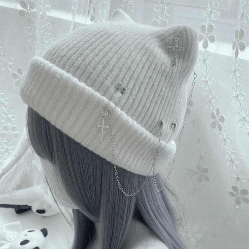 

Subculture Headwear Beanie Hat Handmade Pullover Hat Punk Y2K Cat Ear Hat Female Teens белый