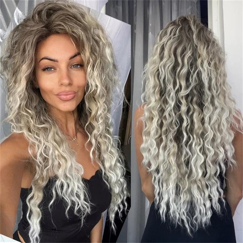Synthetic Ash Blonde Long Wig Curly Hair Wig for Woman Natural Fluffy Hair for Women Regular Big Wave Volume Wigs