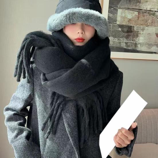 Dámská zimní šála Zesílený široký Dlouhý střapec Jednobarevný Útulný Větruodolný Chladuvzdorný Měkký dámský Ozdobný šátek na krk