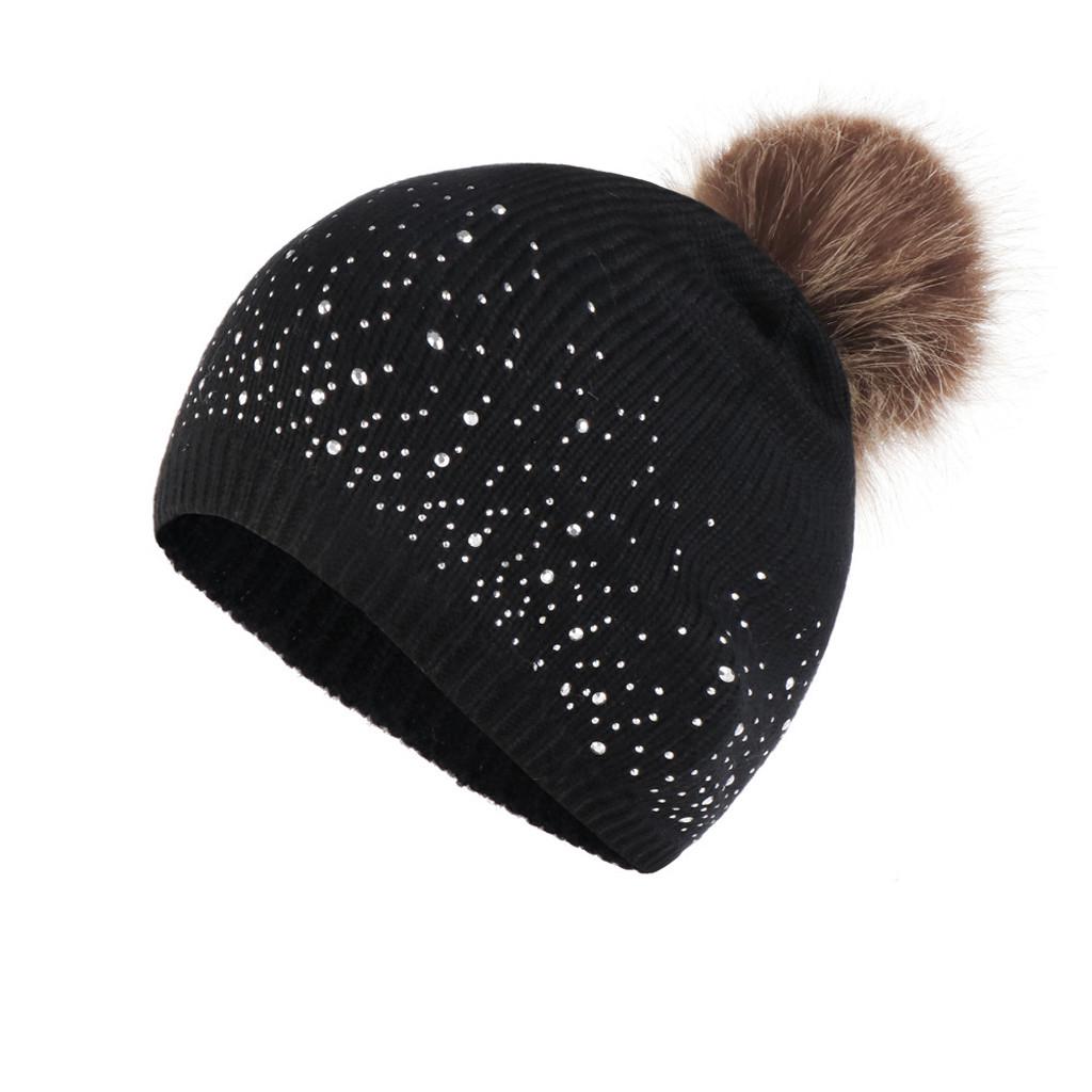 Fashion Women Knitting Wool Hemming Hat Rhinestone Keep Warm Winter Hairball Cap