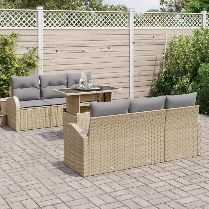Ensemble de 7 Pièces de Canapés de Jardin avec Coussins Beige Poly Rattan, Canapé de Jardin 2 Places avec Rangement & 3357303