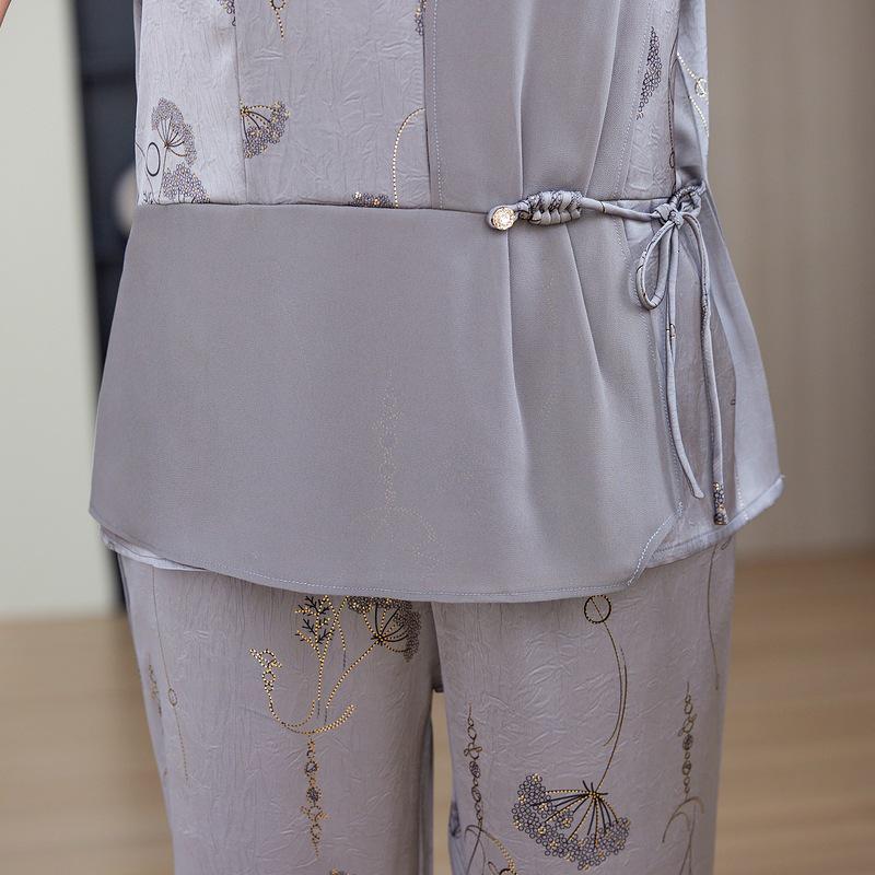 Elegante conjunto de verano de chifón de dos piezas para mamá – Manga corta, talla grande, para mujeres de mediana edad y mayores.