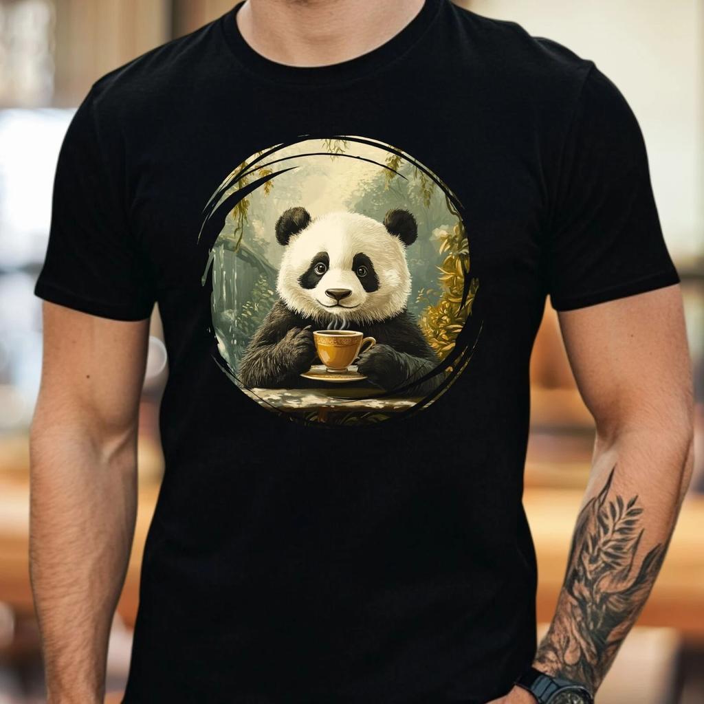 T-Shirt Herren Panda trinkt Kaffee Motiv Baumwolle Größe S bis 5XL