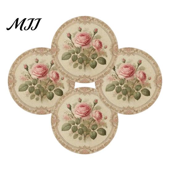 Vintage Floral Pattern Place Mats 4Pcs Nordic Wooden Coasters, Heat Resistant Drink Mats, Non Table Settings Slip Protector for Mugs Cups, Round
