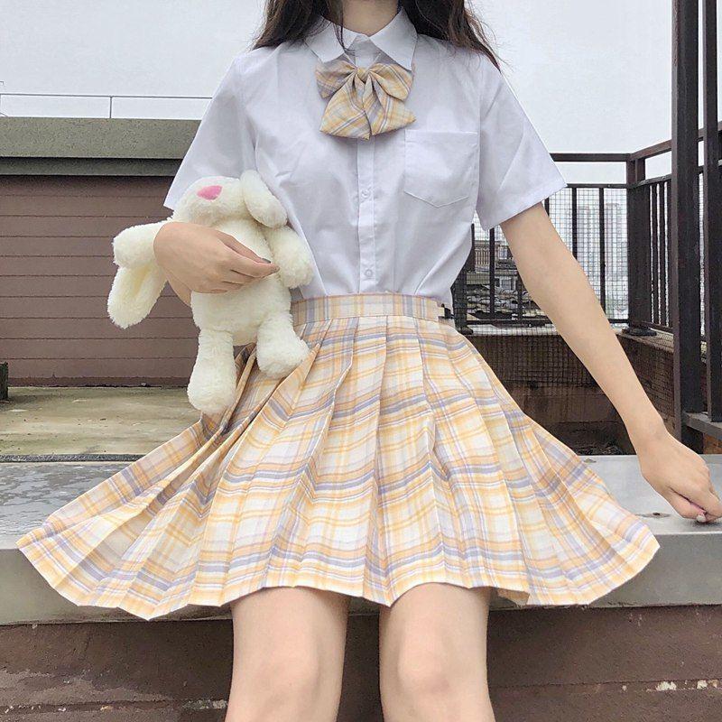 Lemon Sea Salt Plaid School Uniform: Short Sleeve Top & Midi Skirt Set