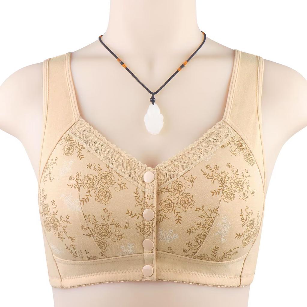 Women's Middle-aged And Elderly Large Size No Steel Ring Front Buckle Wide Shoulder Strap Soft Cotton Cup Bra