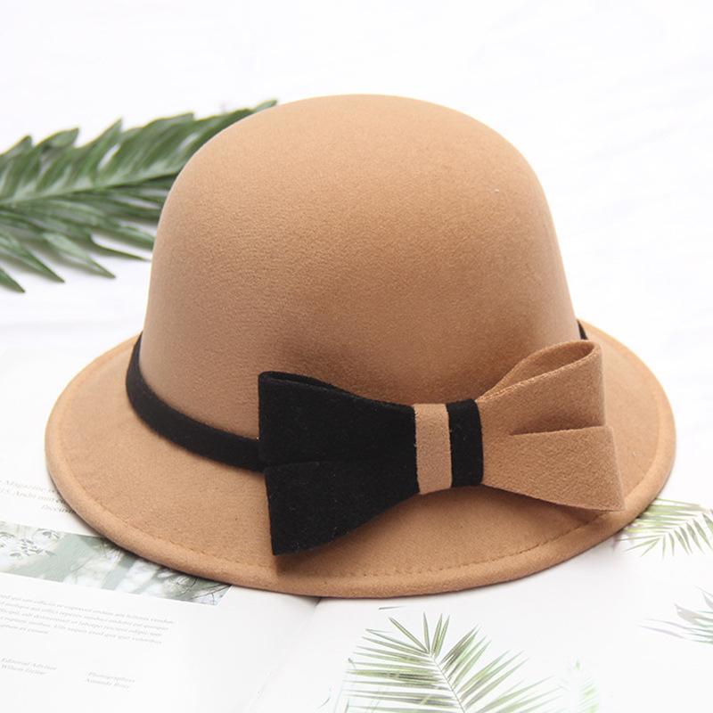 Autumn and Winter Women's Wool Hat Two-color Big Bow Basin Hat Elegant Temperament Felt Hat Top Hat