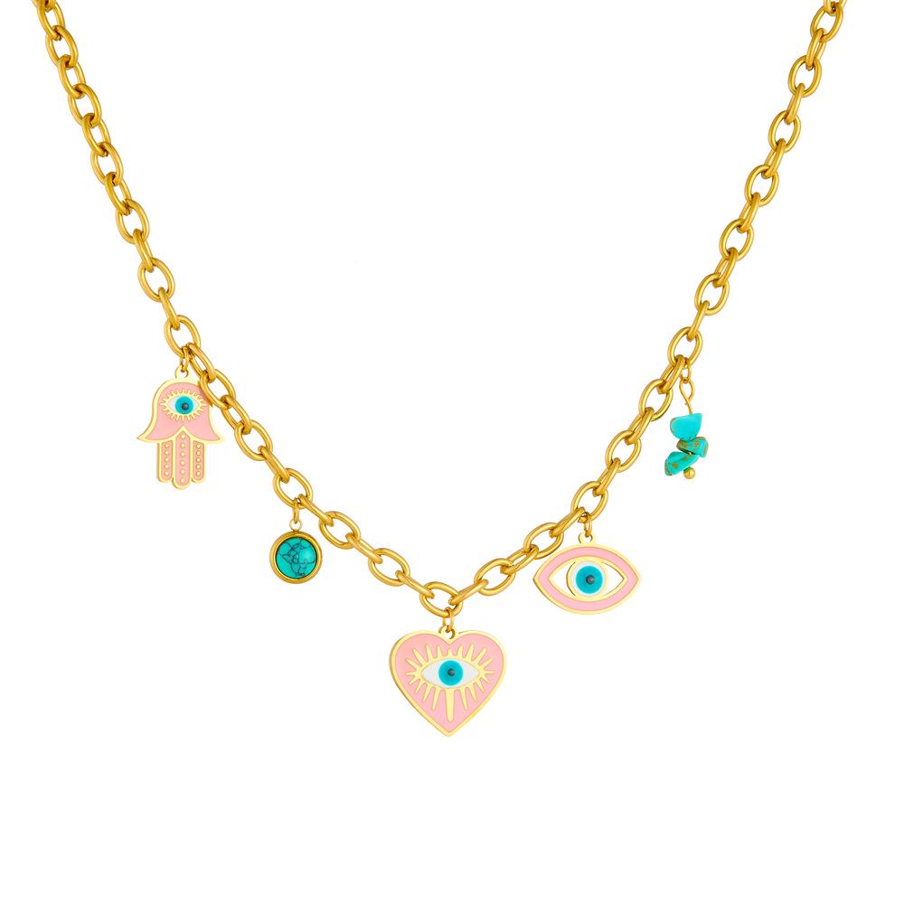 Hand of Fatima Drip Oil Devil Eyes Heart Pendant Stainless Steel Jewelry Set