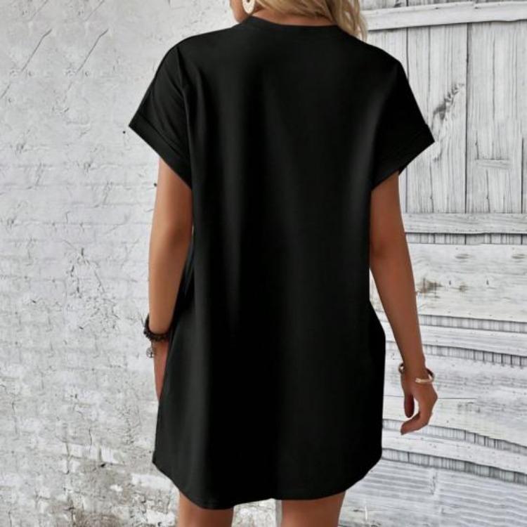 Summer Women Mini Dress Casual Loose Dolman Sleeve Round Neck Short Sleeves Side Pockets Above Knee Length Solid Color Soft Breathable Lady Dress