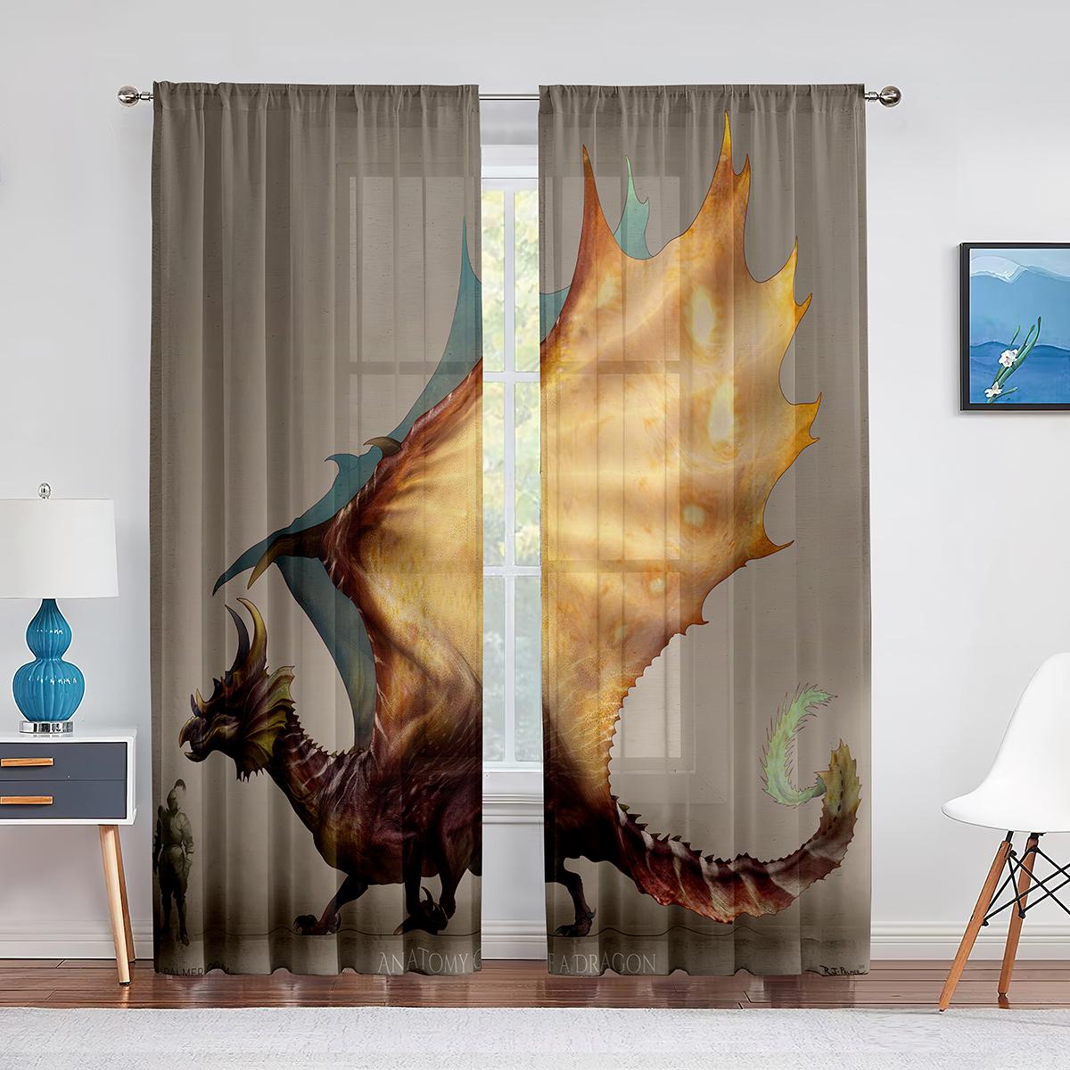 

Прозрачная вуаль с изображением дракона в стиле фэнтези, фиолетовая туманность, оконные тюлевые шторы для гостиной, спальни, современные шифоновые шторы, украшение 1 PCS W100XH250cm&Grommet Top