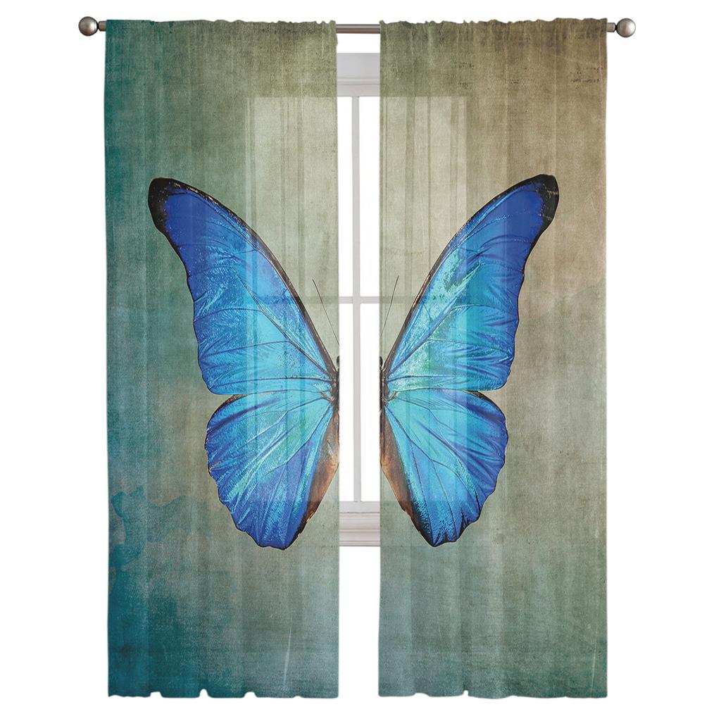 Spring Blue Butterfly Retro Window Treatment Tulle Modern Sheer Curtains for Kitchen Living Room the Bedroom Curtains Decoration