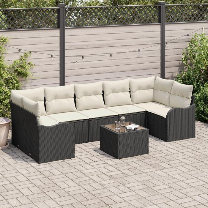 Ensemble de canapé de jardin 8 pièces vidaXL avec coussins en rotin noir, Canapé de jardin 2 places vidaXL avec coussins 3345617