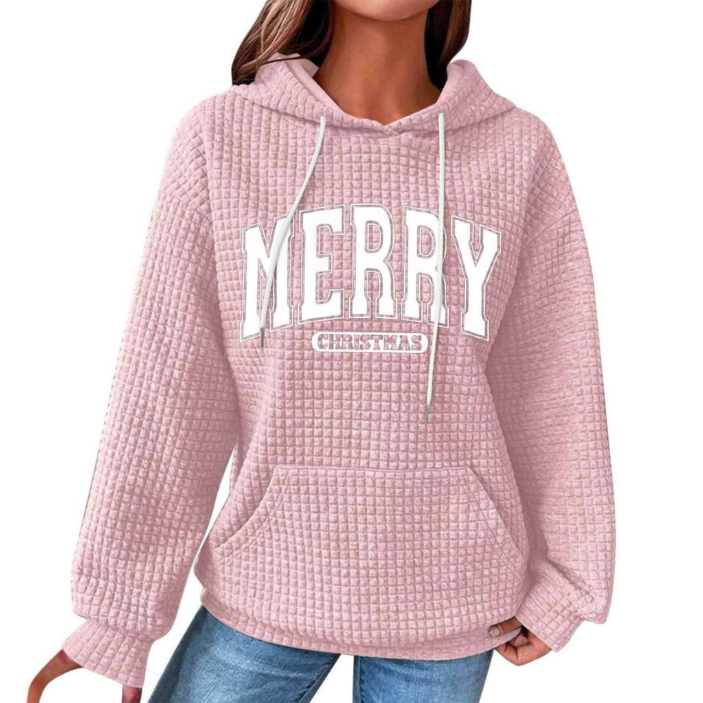 Women's Fashion Loose Hooded Pullover Long Sleeve Plaid Sweatshirt With Drawstring, Drop Shoulder, Pocket, Christmas Print Top