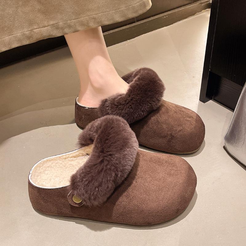 Women's retro lightweight and comfortable non-slip heightening winter warm plush lining non-slip durable casual cotton one-step half slippers