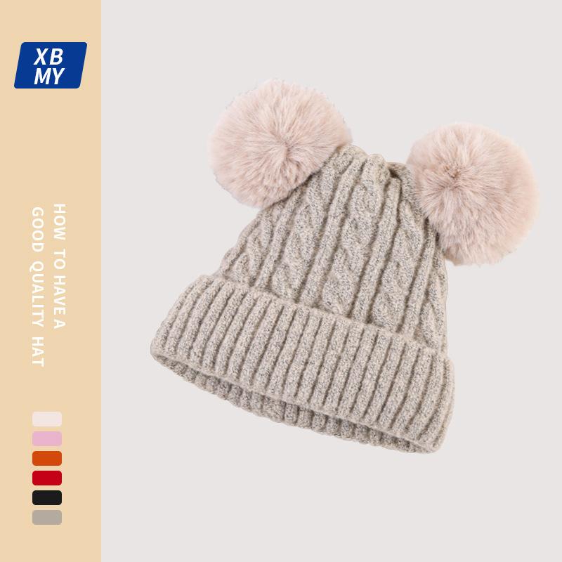 Winter hat men's and women's new adult plush double hairball pullover wool hat, warm and cute knitted hat tide