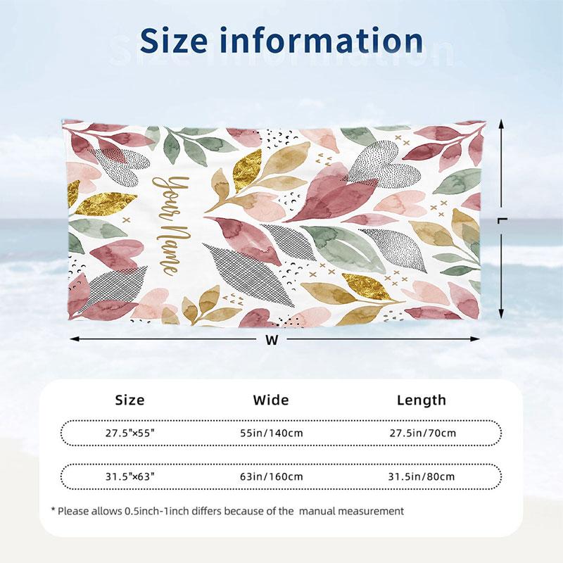 Autumnal Leaves Artwork Theme Quick Dry Beach Towel Custom Name Text Print Large Sand Resistant Towel Beach Vacation