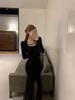 Elegant Plus Size French Style Black Mesh Fishtail Dress with Inner Long Skirt