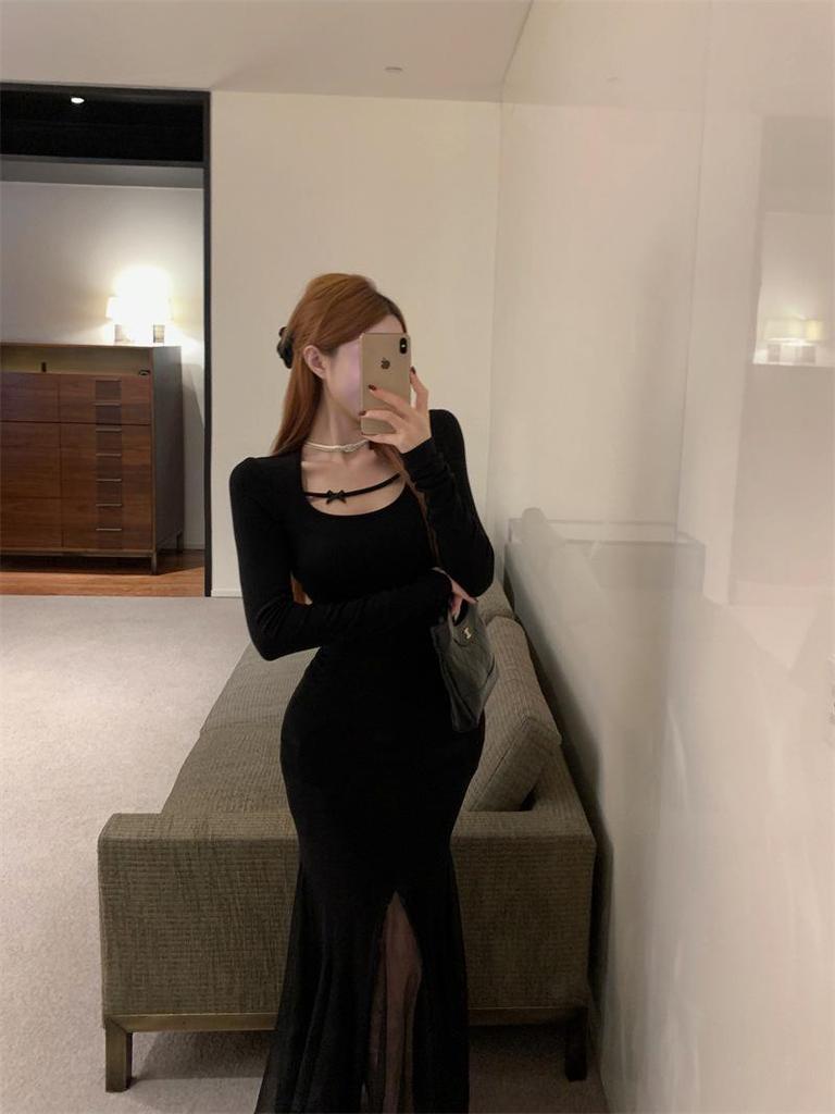 Elegant Plus Size French Style Black Mesh Fishtail Dress with Inner Long Skirt